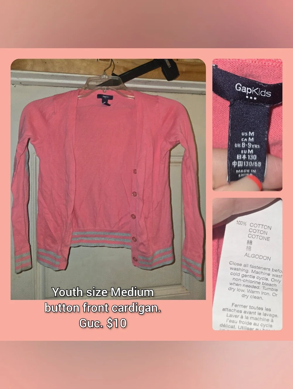 GAP Pink Button-Front Girls' Cardigan with Striped Trim
